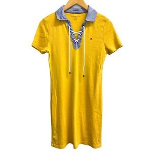 Tommy Hilfiger Women's S Lace Up Polo Dress Yellow Oxford Collar Logo Embroidery